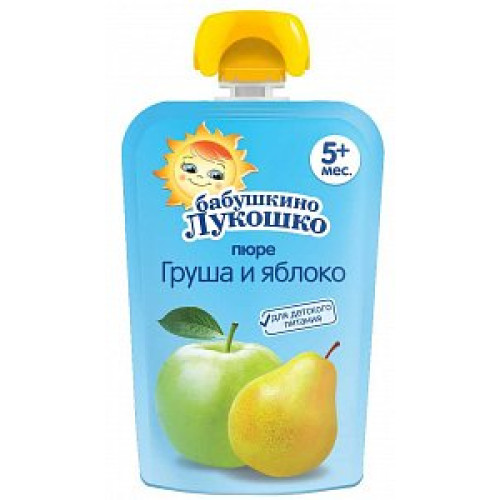 Бабушкино лукошко Пюре Груша и Яблоко 90 г пауч 5м+ Бабушкино лукошко Пюре Груша и Яблоко 90 г пауч 5м+