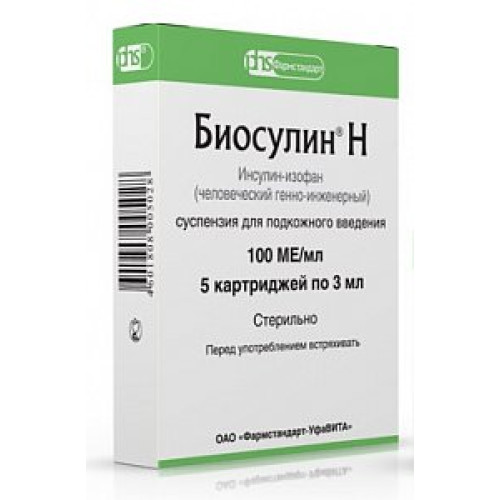 Биосулин Н суспензия для подкожного введения 100 МЕ/мл картридж 3 мл 5 шт.