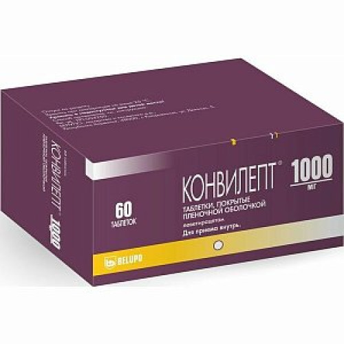 Конвилепт таблетки покрытые пленочной оболочкой 1000 мг 60 шт. Конвилепт таблетки покрытые пленочной оболочкой 1000 мг 60 шт.