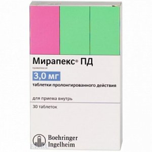Мирапекс ПД таблетки пролонгированного действия 3мг 30 шт. Мирапекс ПД таблетки пролонгированного действия 3мг 30 шт.